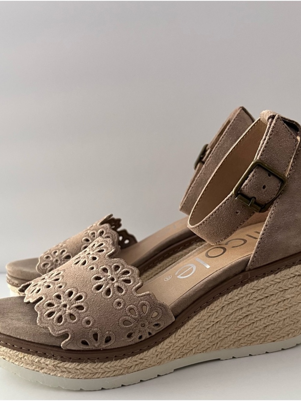 Nicole Taupe Floral Cutout Wedge Sandals